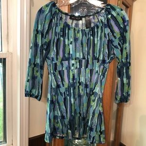 Axcess top, size small, in blues, greens, and purple.